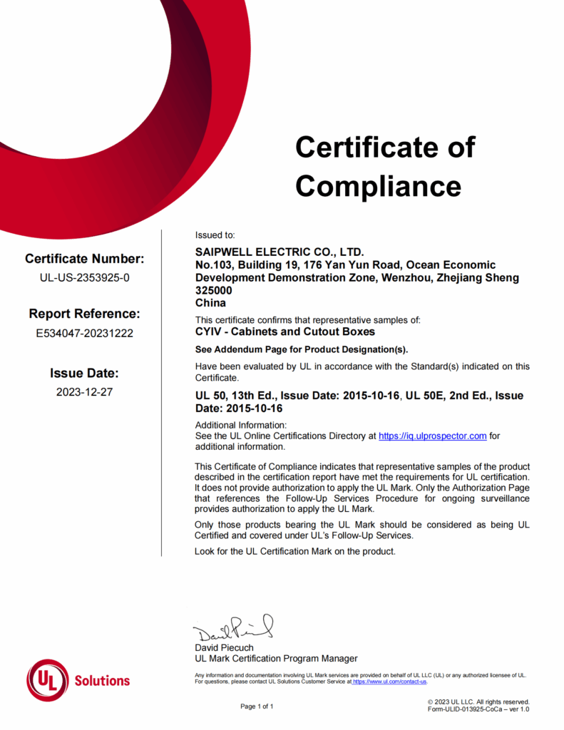 American Standard - Spreewell UL Certification Certificate
