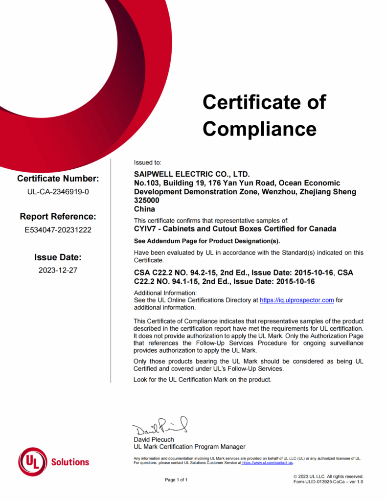 Canada Standard - Spreewell UL Certification Certificate